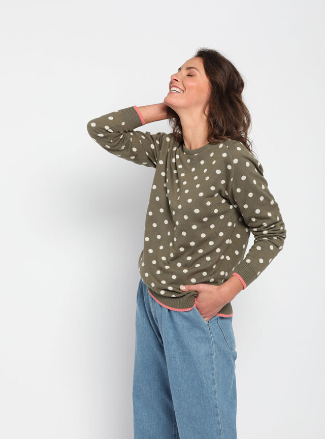 Maison Solfin - Pull femme à pois en coton vert kaki – 50