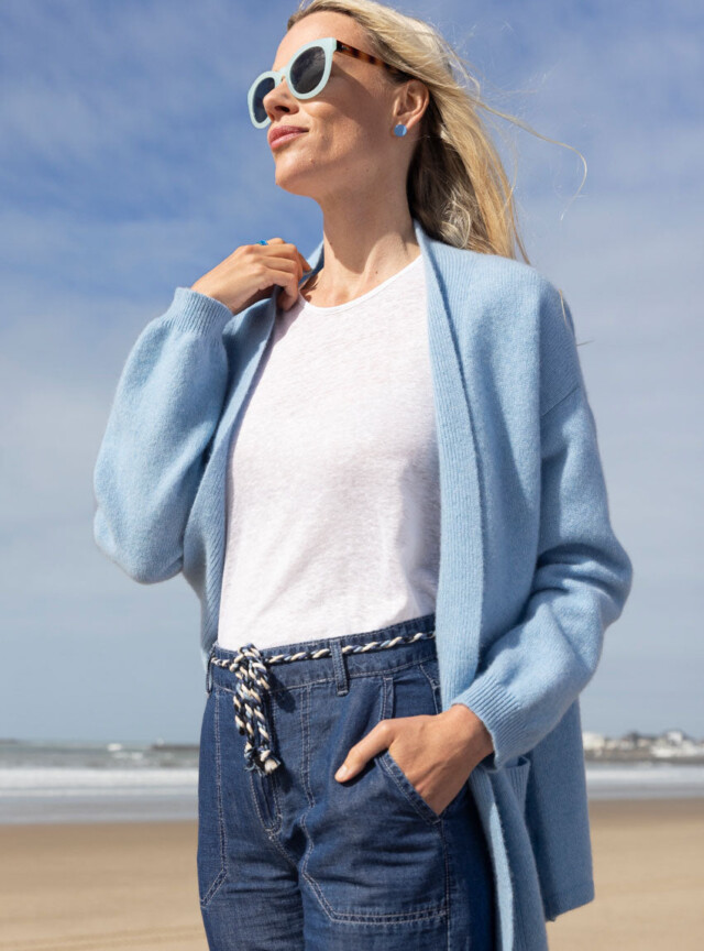 Maison Solfin - Gilet long femme en laine recyclée bleu – 4
