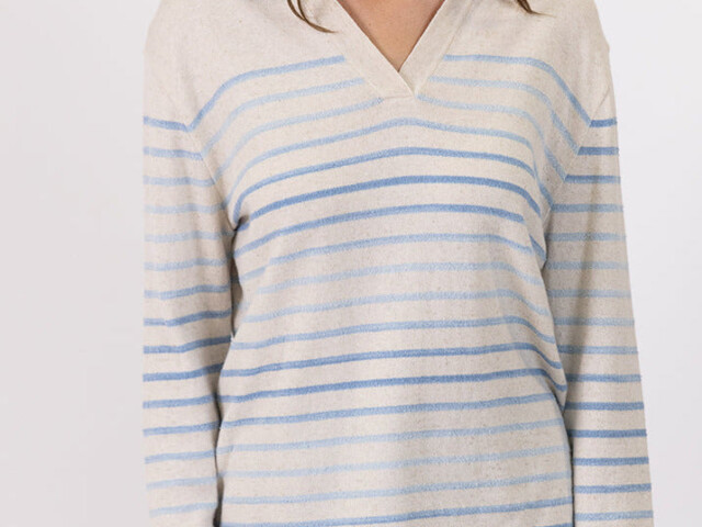 7524 RBL 1 polo mariniere femme coton raye bleu Maison Solfin - Pull marinière femme en coton raye bleu – 44
