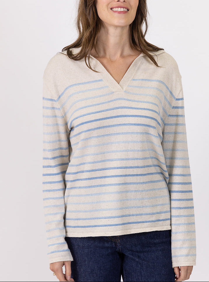 7524 RBL 1 polo mariniere femme coton raye bleu Maison Solfin - Pull marinière femme en coton raye bleu – 44