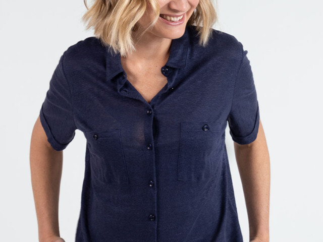 7540 MAR 8 chemisier femme laine bleu marine Maison Solfin - Chemisier maille en lin bleu marine – 50