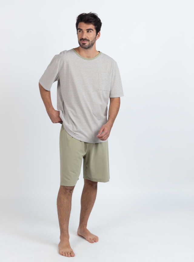 Maison Solfin - Pyjashort homme en coton rayé vert tilleul – 6
