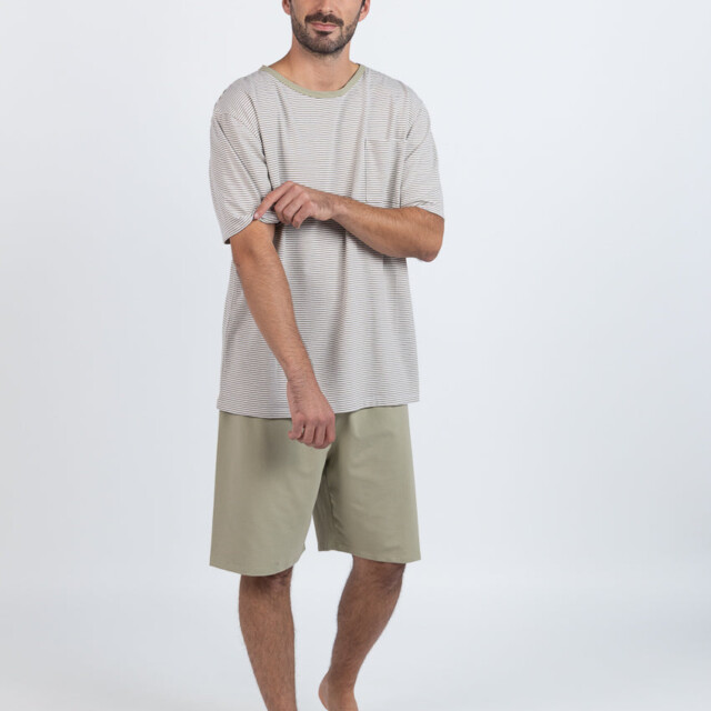 Maison Solfin - Pyjashort homme en coton rayé vert tilleul – 6