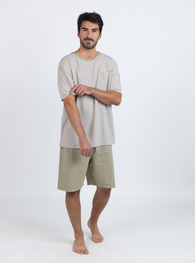 Maison Solfin - Pyjashort homme en coton rayé vert tilleul – 6