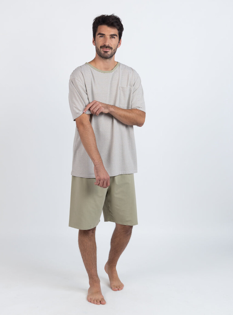 Maison Solfin - Pyjashort homme en coton rayé vert tilleul – 6