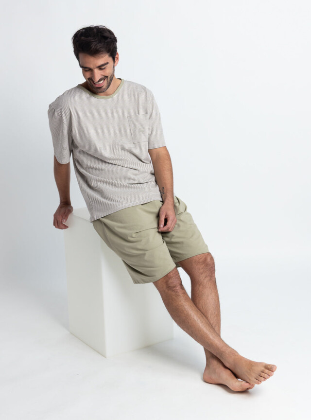 Pyjashort homme en coton rayé vert tilleul par la marque MAISON SOLFIN MAISON SOLFIN - Pyjashort homme en coton rayé vert tilleul
