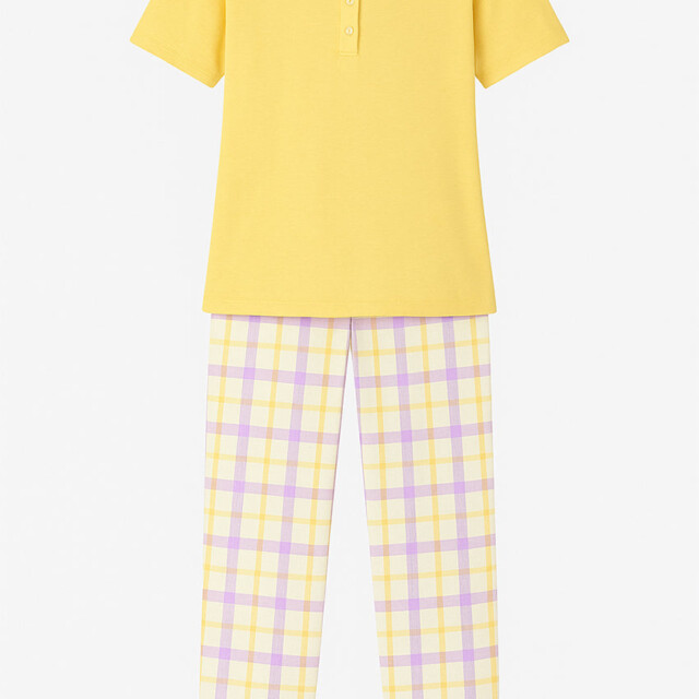 Maison Solfin - Pyjama femme col rond en coton jaune – 5