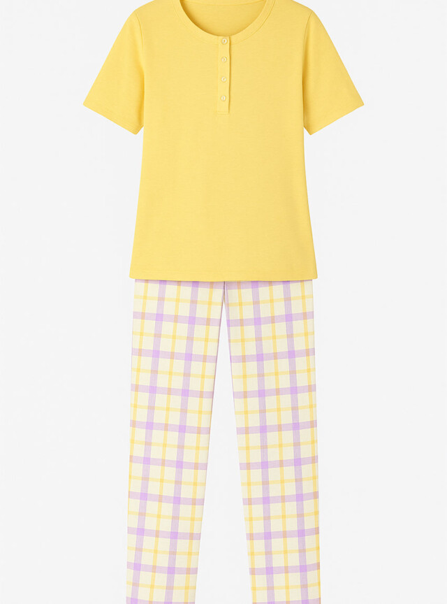Maison Solfin - Pyjama femme col rond en coton jaune – 5
