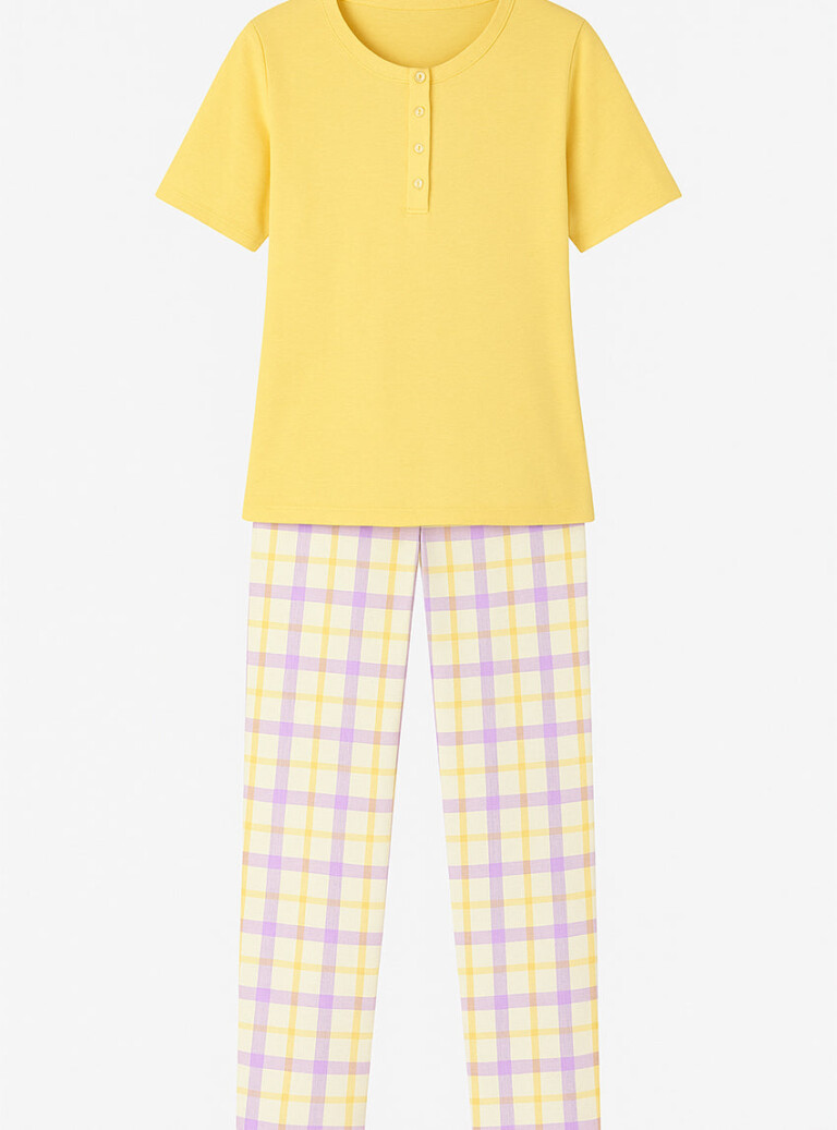 Maison Solfin - Pyjama femme col rond en coton jaune – 5