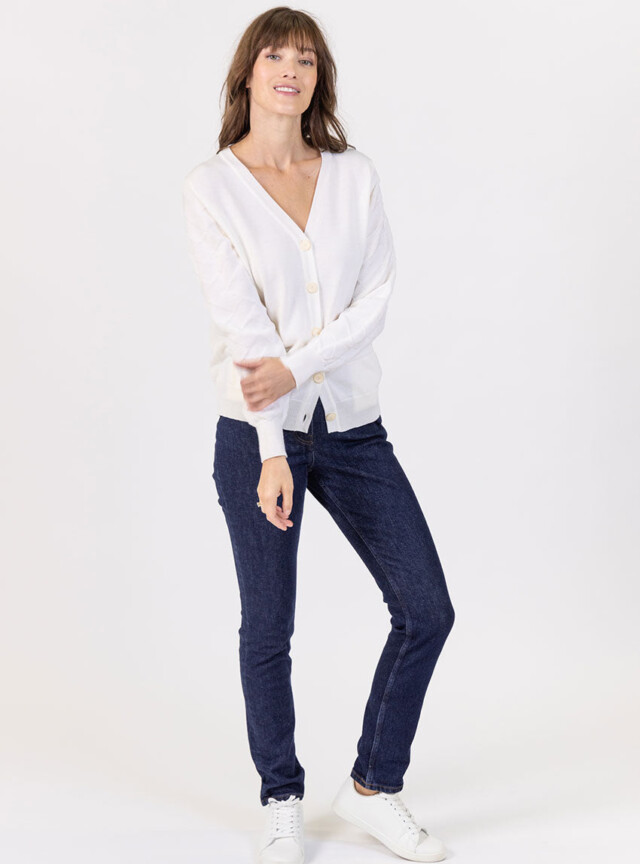 Maison Solfin - Gilet femme col V en laine mérinos blanc – 50