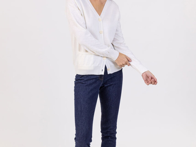 Maison Solfin - Gilet femme col V en laine mérinos blanc – 50