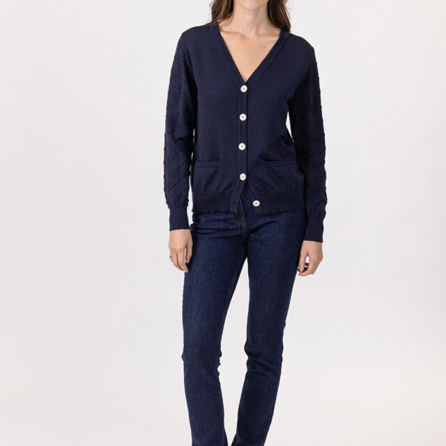 Maison Solfin - Gilet femme col V en laine merinos bleu marine – 48