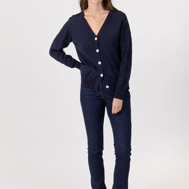 Maison Solfin - Gilet femme col V en laine merinos bleu marine – 48