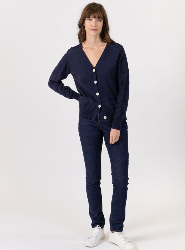 Maison Solfin - Gilet femme col V en laine merinos bleu marine – 48