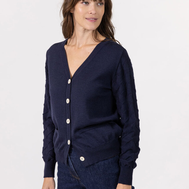 Maison Solfin - Gilet femme col V en laine merinos bleu marine – 48