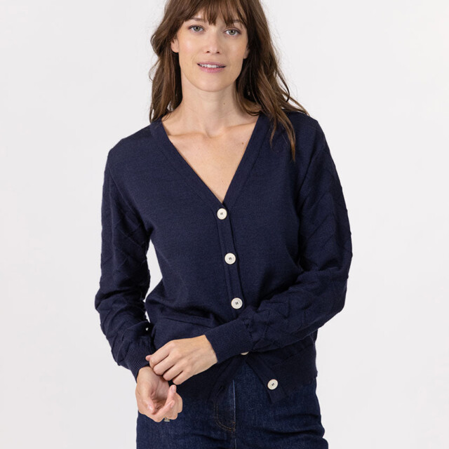 Maison Solfin - Gilet femme col V en laine merinos bleu marine – 48