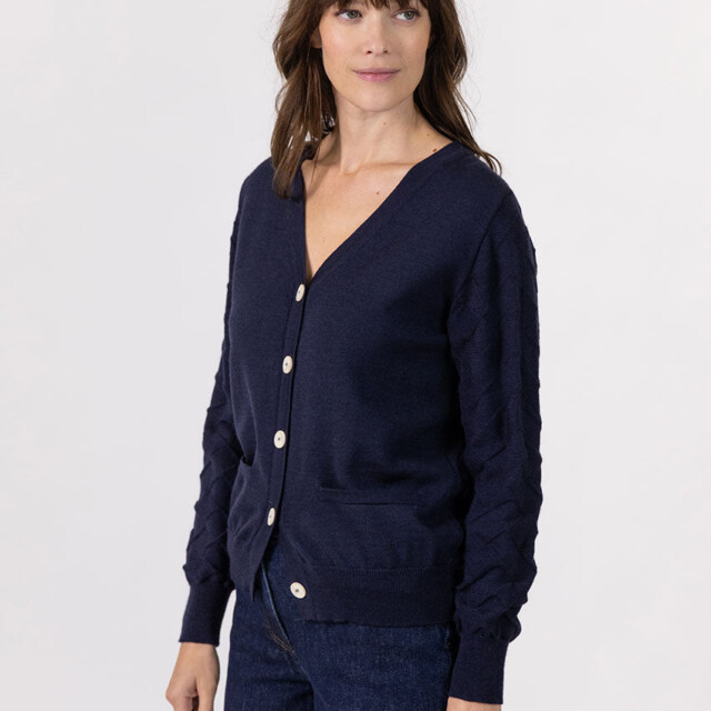 Maison Solfin - Gilet femme col V en laine merinos bleu marine – 48