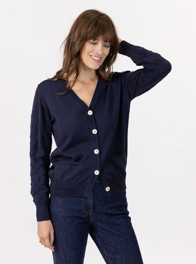MAISON SOLFIN - Gilet femme col V en laine merinos bleu marine