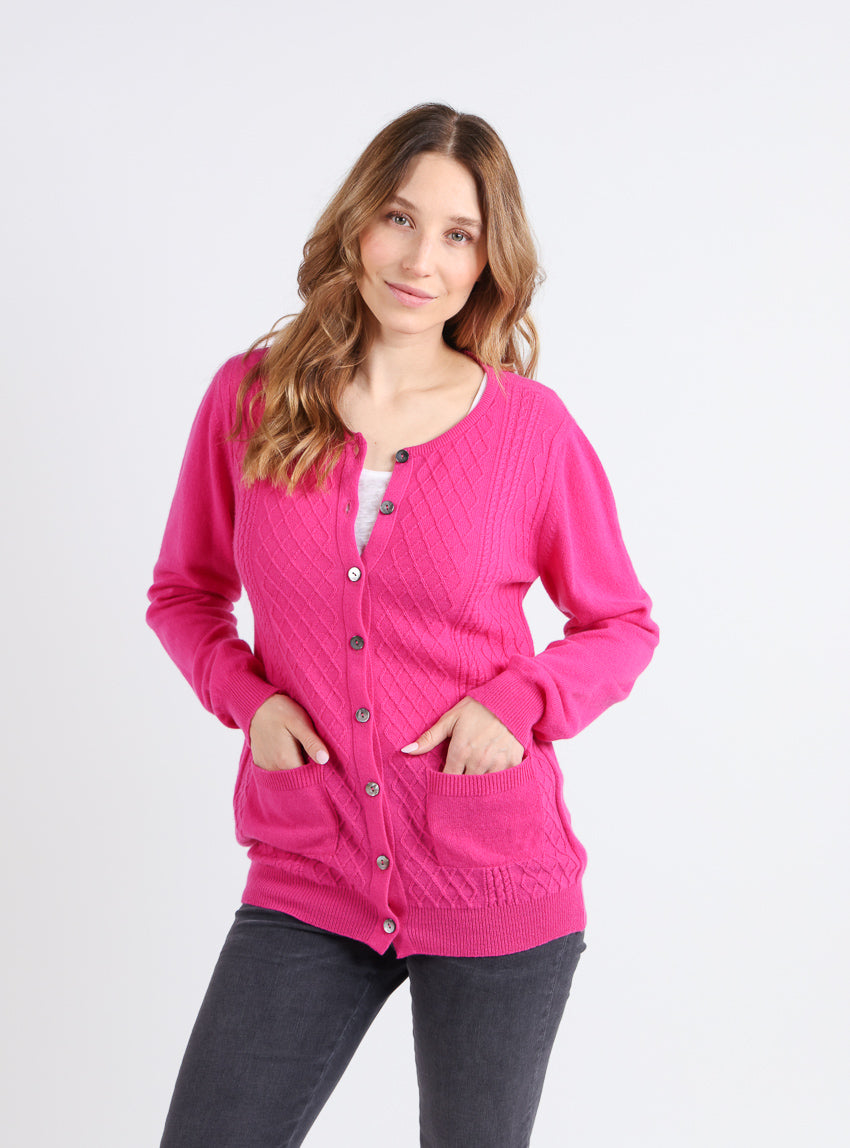 7600 rose orchidee cardigan 1 Maison Solfin - Cardigan femme en cachemire et laine rose – 50