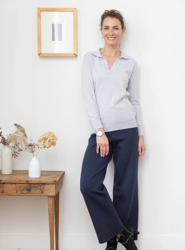 MAISON SOLFIN - Pull col polo femme en laine mérinos gris