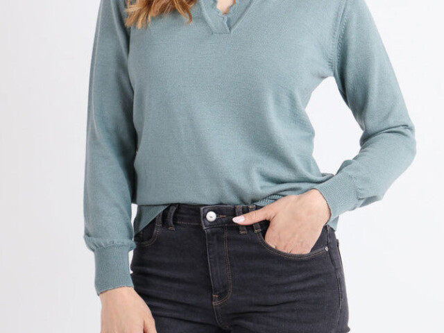 Maison Solfin - Pull col polo femme en laine mérinos vert – 50