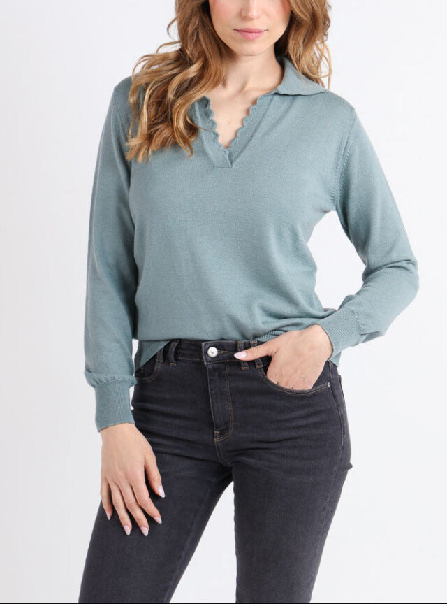 Pull col polo femme en laine mérinos vert par la marque MAISON SOLFIN MAISON SOLFIN - Pull col polo femme en laine mérinos vert