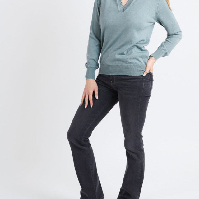 Maison Solfin - Pull col polo femme en laine mérinos vert – 50