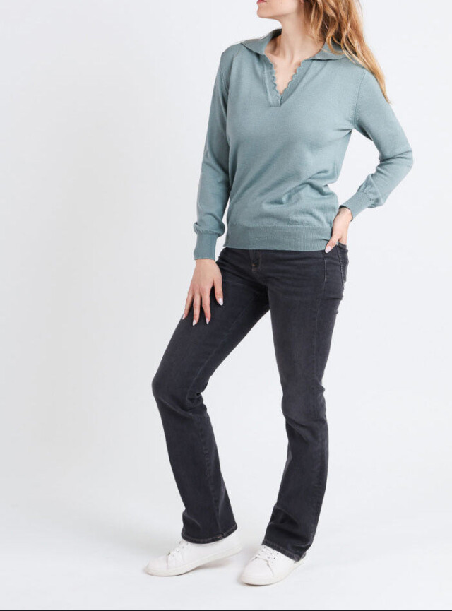 Maison Solfin - Pull col polo femme en laine mérinos vert – 50