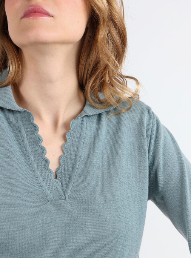 Maison Solfin - Pull col polo femme en laine mérinos vert – 50
