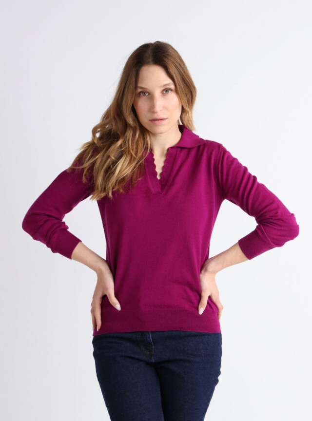 Pull col polo femme en laine mérinos violet par la marque MAISON SOLFIN MAISON SOLFIN - Pull col polo femme en laine mérinos violet
