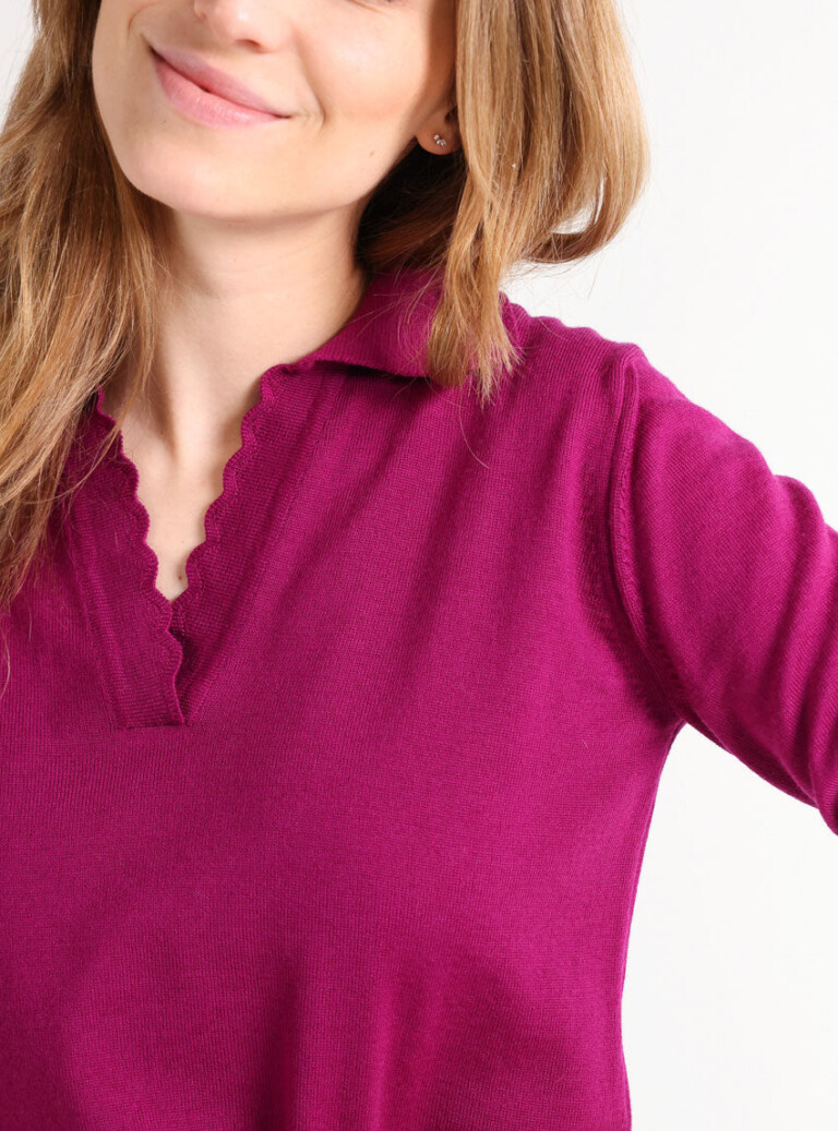 Maison Solfin - Pull col polo femme en laine mérinos violet – 50