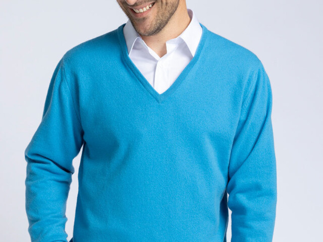 Maison Solfin - Pull homme col V en cachemire et laine bleu – 5