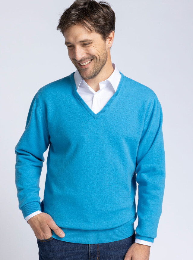MAISON SOLFIN - Pull homme col V en cachemire et laine bleu