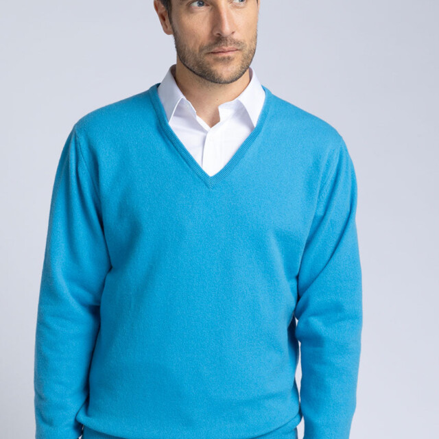 Maison Solfin - Pull homme col V en cachemire et laine bleu – 5