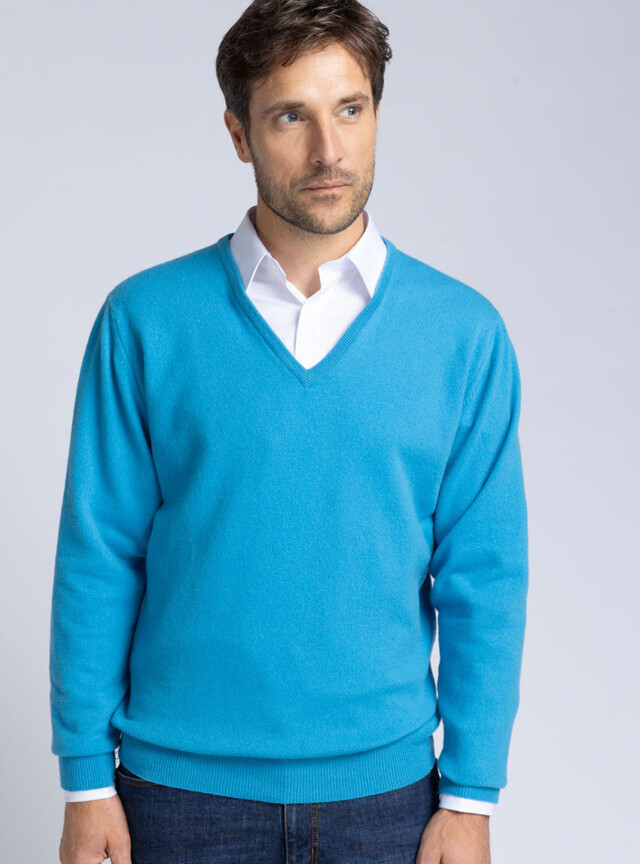 Maison Solfin - Pull homme col V en cachemire et laine bleu – 5