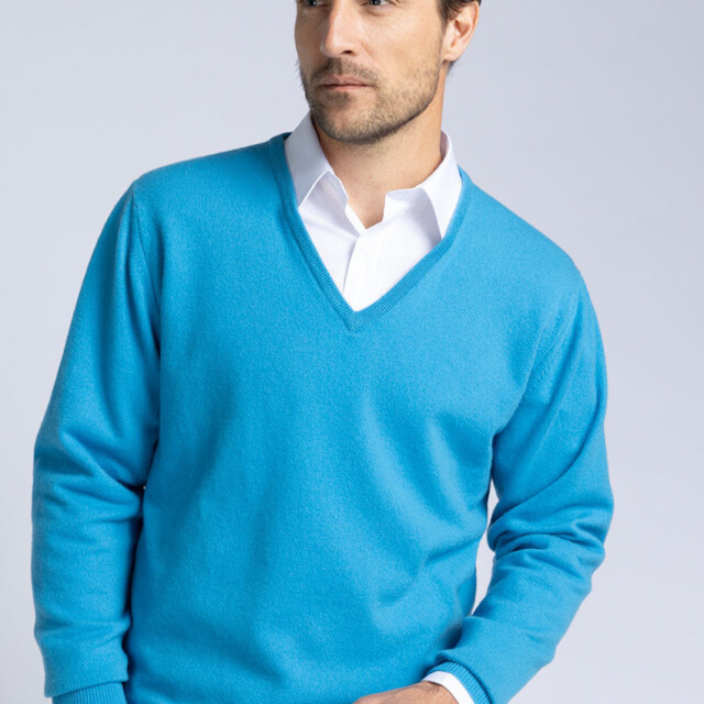 Maison Solfin - Pull homme col V en cachemire et laine bleu – 5