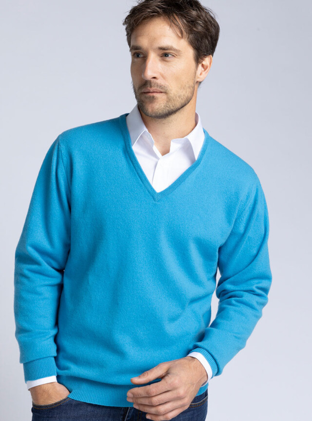 Maison Solfin - Pull homme col V en cachemire et laine bleu – 5