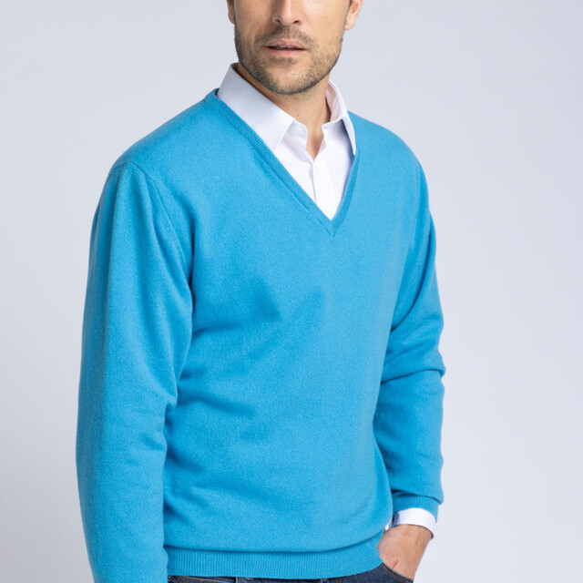 Maison Solfin - Pull homme col V en cachemire et laine bleu – 5