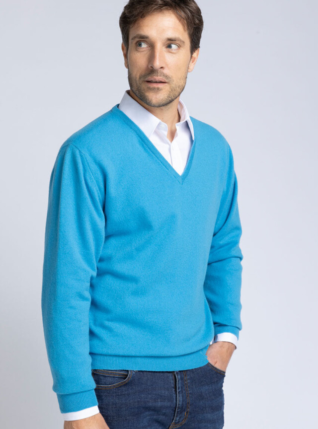 Maison Solfin - Pull homme col V en cachemire et laine bleu – 5