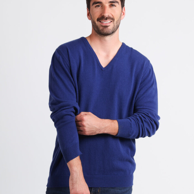 Maison Solfin - Pull homme col V en cachemire et laine bleu indigo – 5