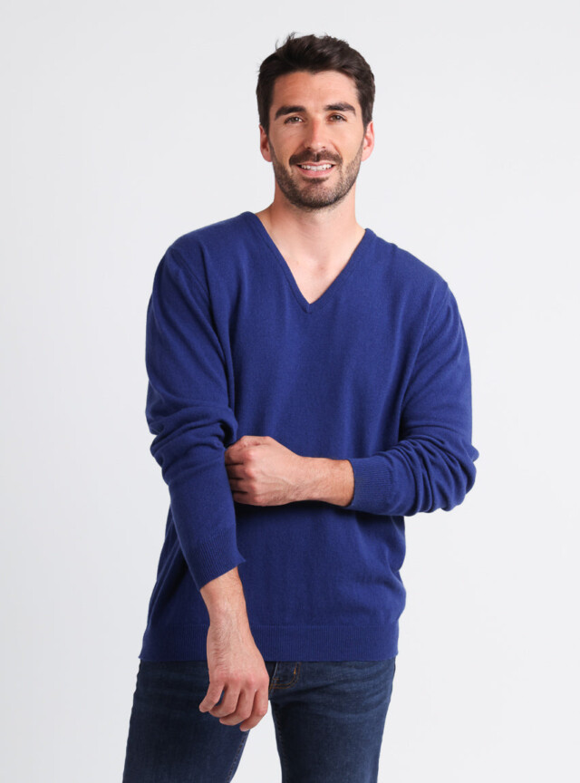 Maison Solfin - Pull homme col V en cachemire et laine bleu indigo – 5