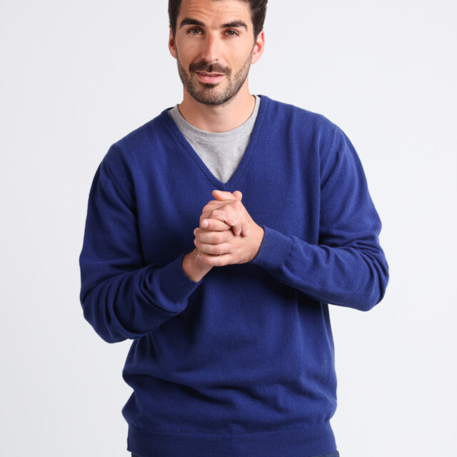 Maison Solfin - Pull homme col V en cachemire et laine bleu indigo – 5