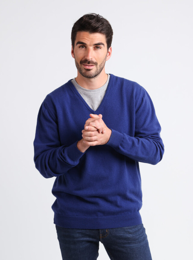 Maison Solfin - Pull homme col V en cachemire et laine bleu indigo – 5