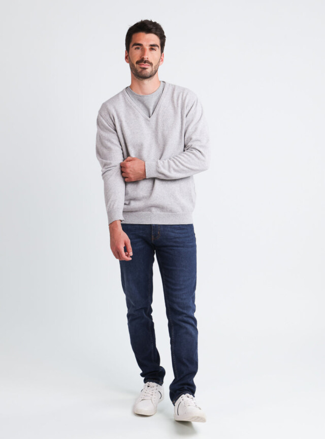 Maison Solfin - Pull homme col V en cachemire et laine gris nacre – 5
