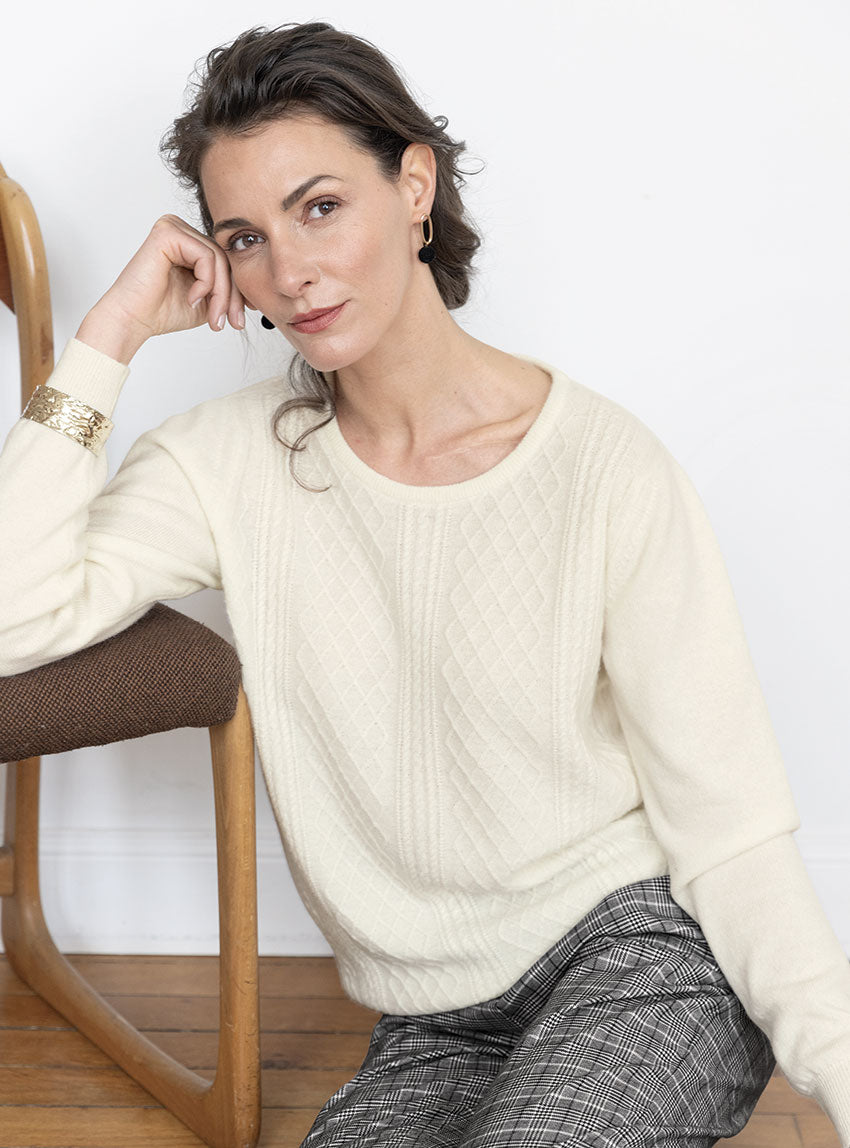 7619 blanc creme 3 Maison Solfin - Pull femme cachemire et laine blanc crème – 48