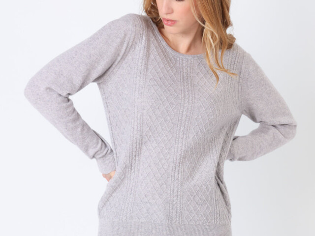 7619 gris nacre 1 Maison Solfin - Pull femme cachemire et laine gris nacré – 50