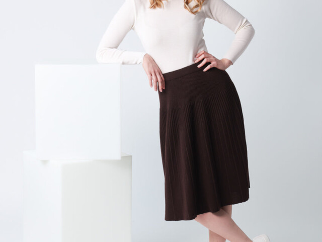 7621 marron jupe 6 Maison Solfin - Jupe plissée midi en laine marron chocolat – 4