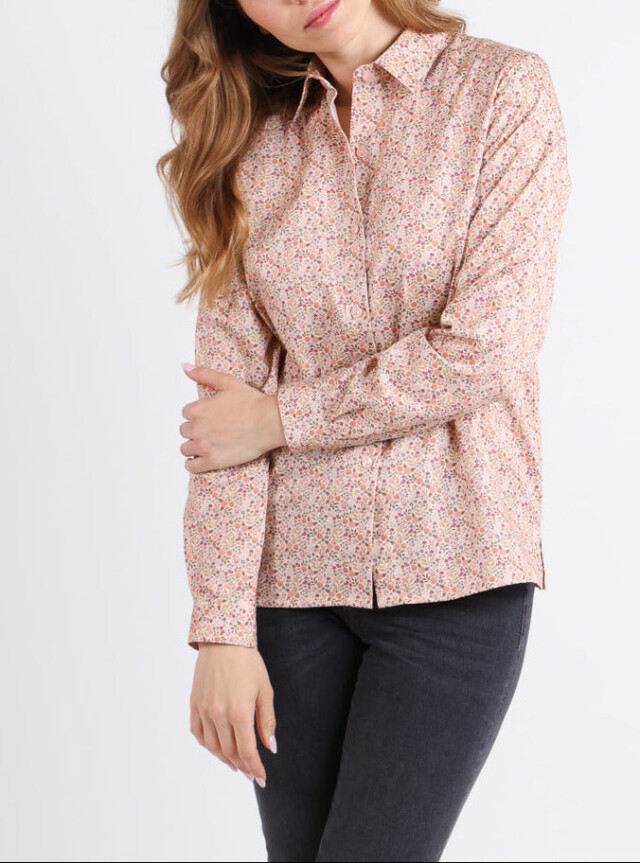 Chemisier femme coton orange à fleurs par la marque MAISON SOLFIN MAISON SOLFIN - Chemisier femme coton orange à fleurs