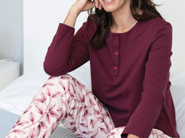 Maison Solfin - Pyjama femme en coton imprimé feuilles roses – 3