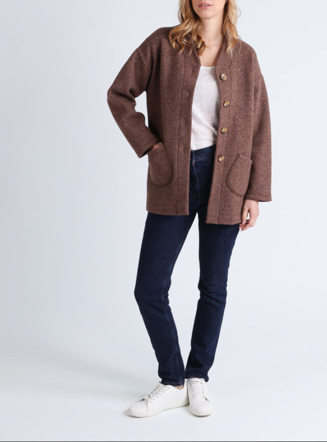 Maison-solfin - Manteau court femme laine bouillie marron foncé – 4